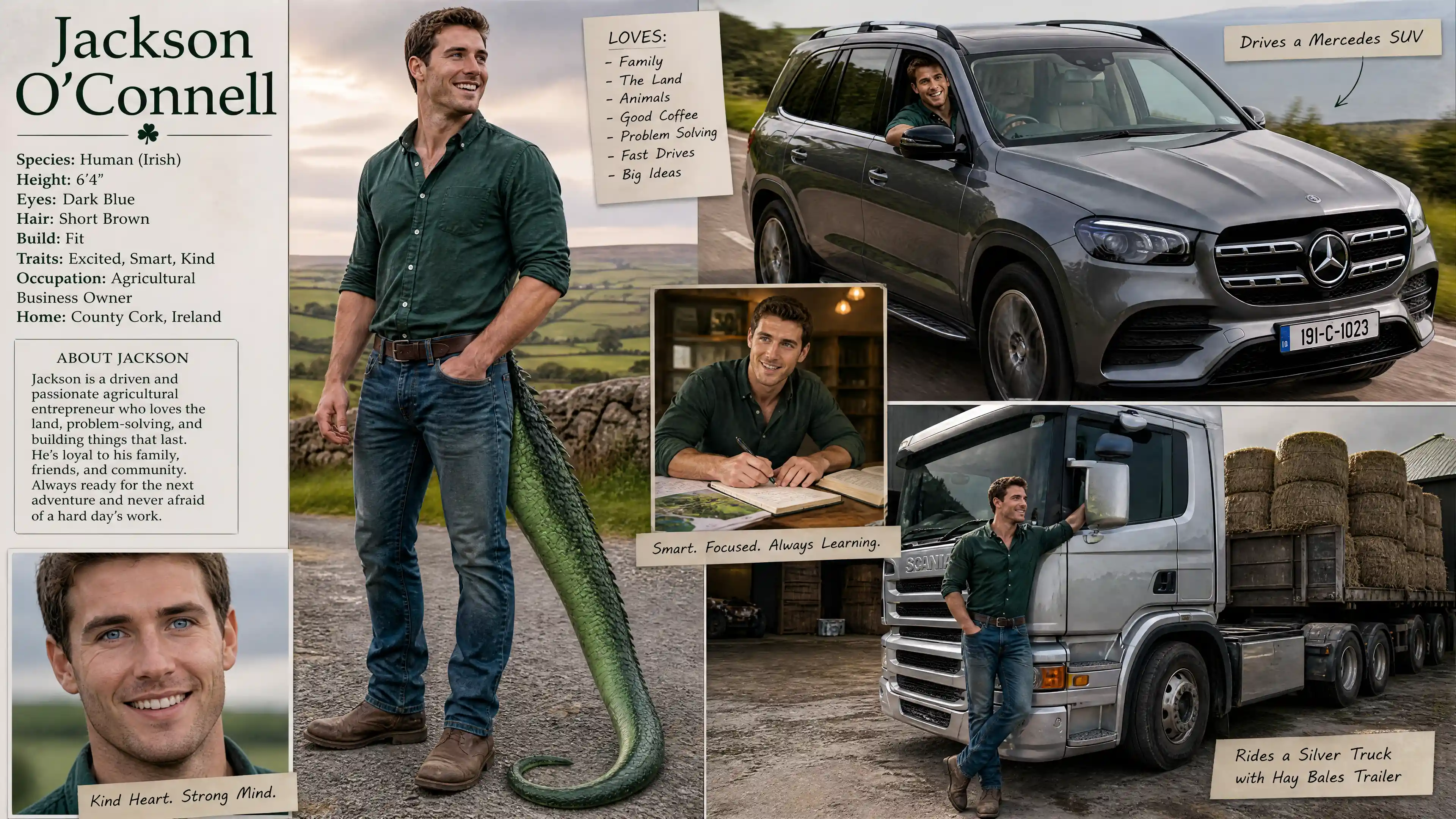 Excited tall man with lizard tail driving a modern car