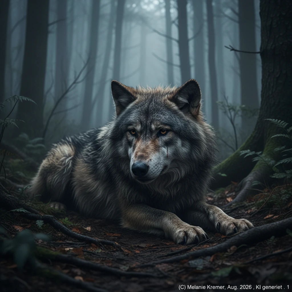 Viejo lobo llorando solo sobre el suelo brumoso de un bosque a la luz de la luna
