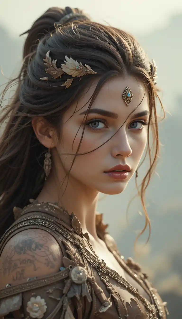 Cinematic portrait of a fierce female fantasy warrior