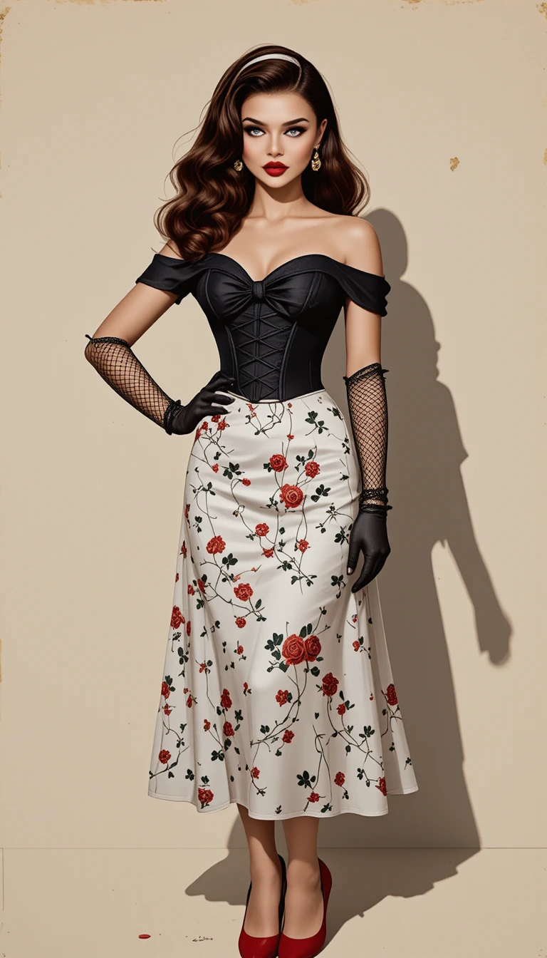 Confident red haired pin up woman in vintage 1950s dress