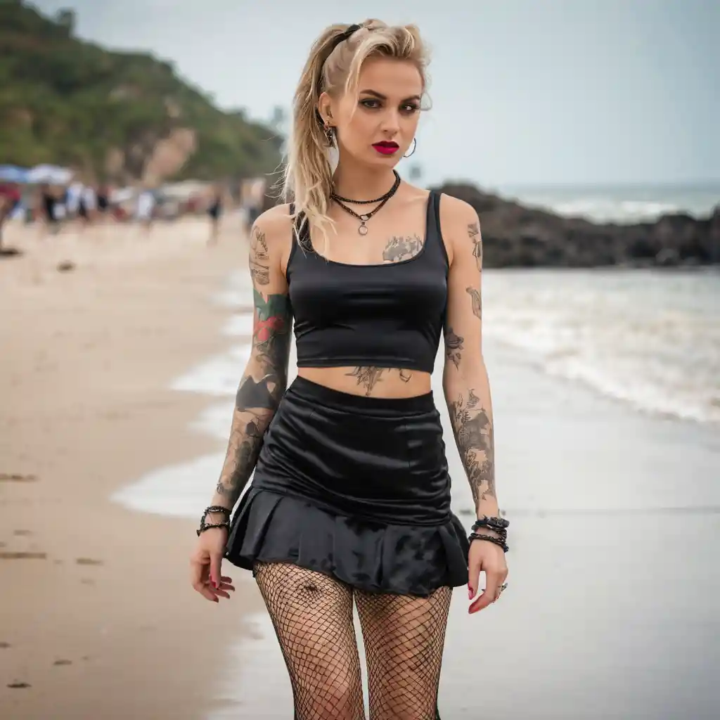 Blonde woman in edgy outfit walking along the beach