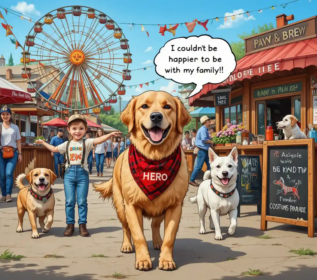 Golden Retriever mit Bandana auf einem fröhlichen Festival