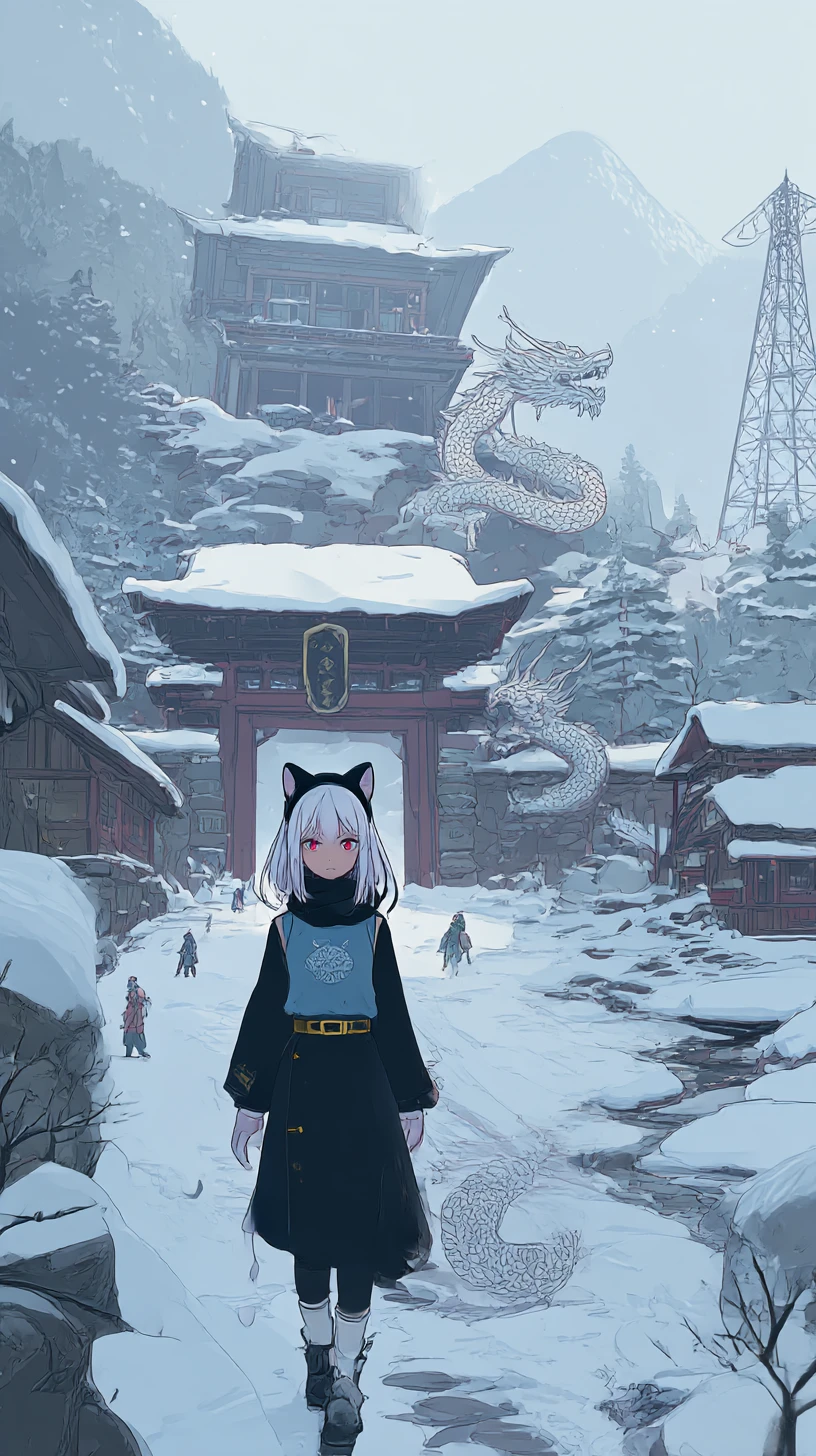 Chica de anime caminando por un pueblo nevado hacia una gran mansión