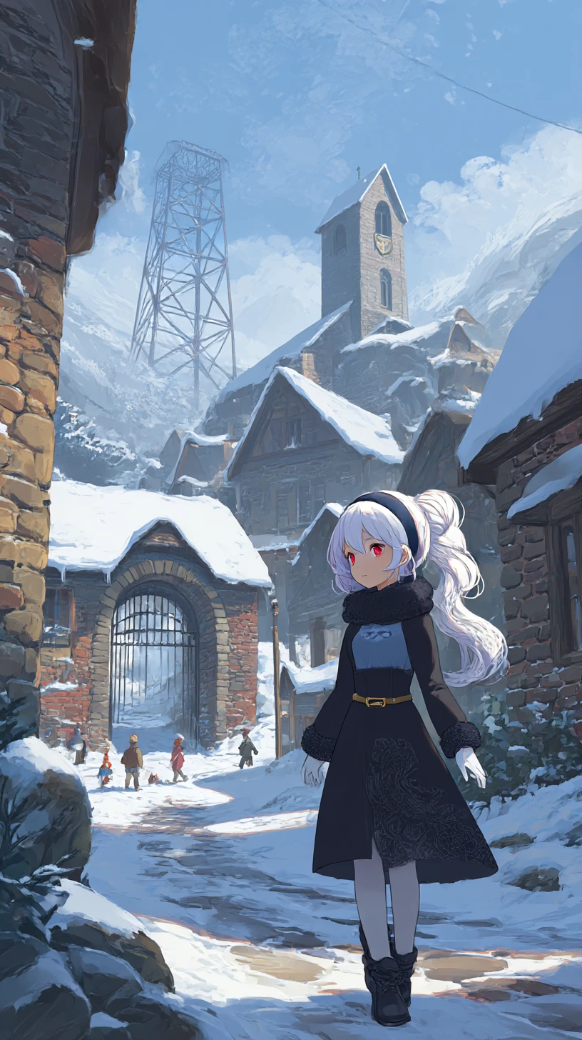 Chica de anime caminando por un sendero nevado hacia una finca en el pueblo