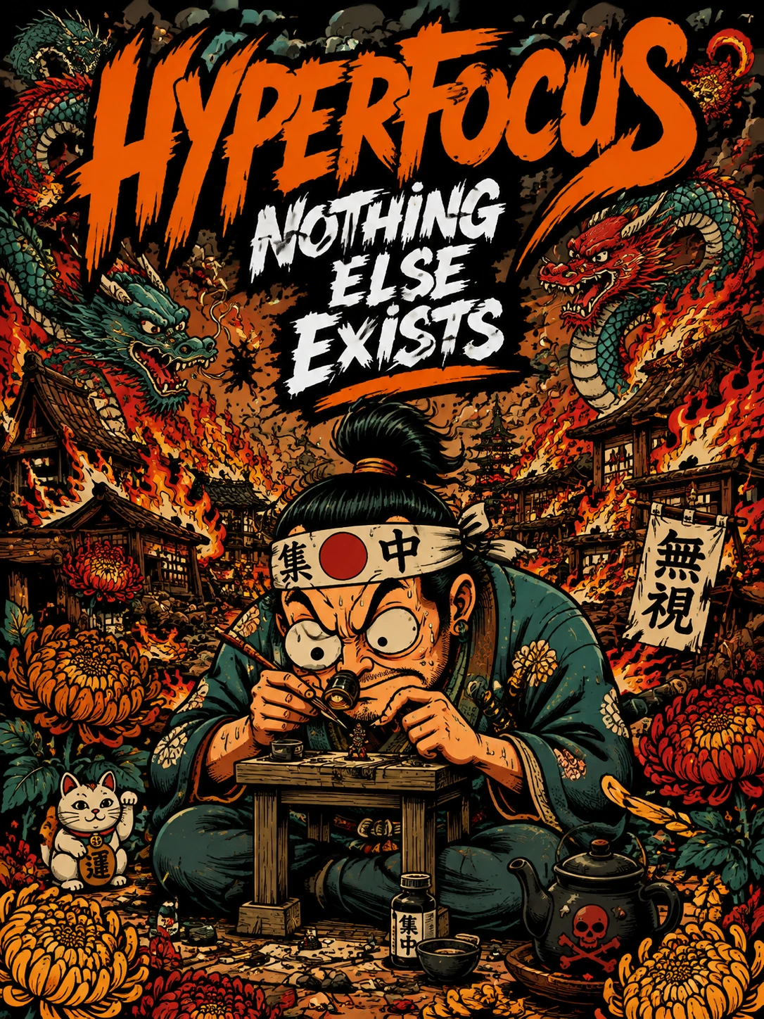 Samurái profundamente concentrado en el banco de trabajo mientras el pueblo arde