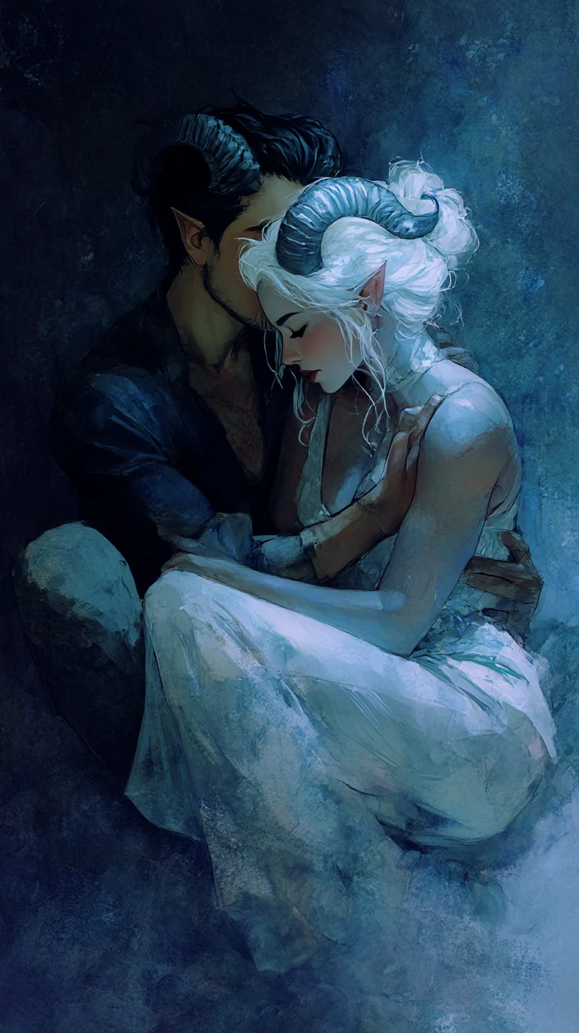 Mujer tiefling abrazando a su amante en una pose íntima