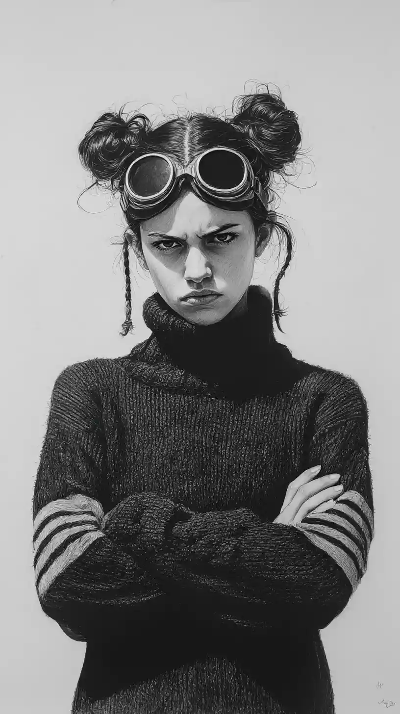 Moody girl with goggles in black and white pencil portrait