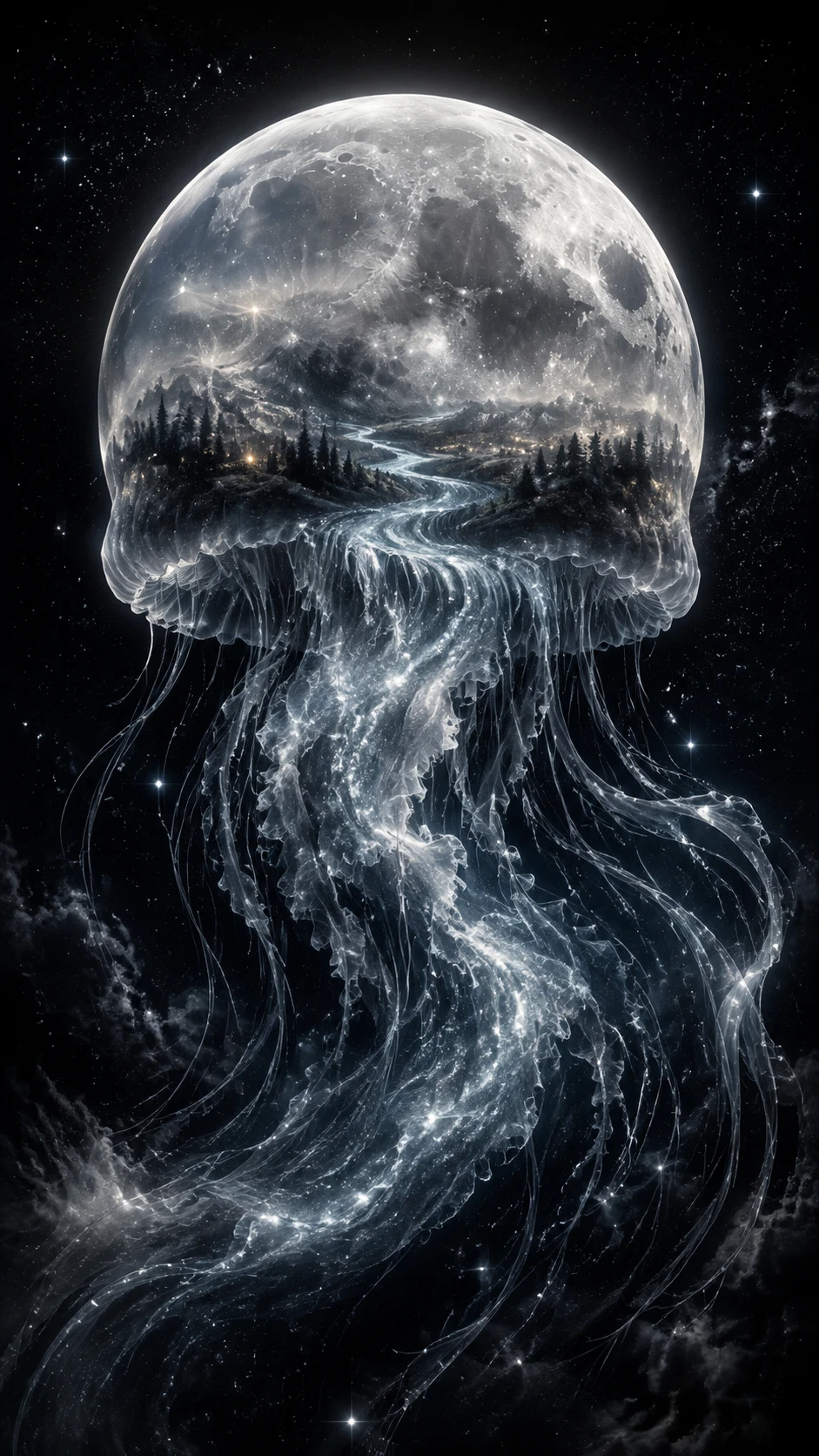 Enorme luna medusa translúcida flotando en el espacio profundo