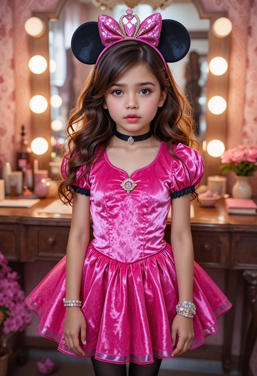 Niño hispano preadolescente con disfraz de princesa Minnie frente al tocador