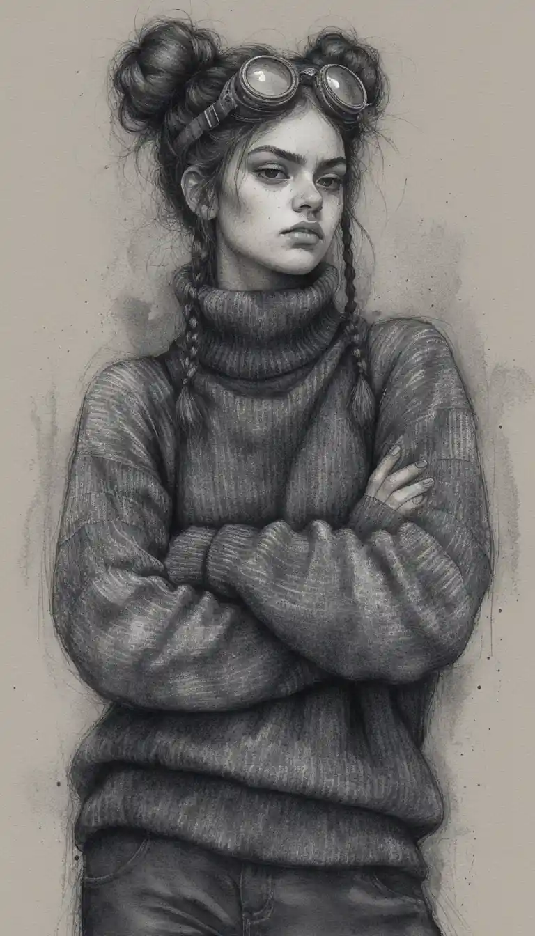 Chica melancólica con gafas en retrato a lápiz en blanco y negro