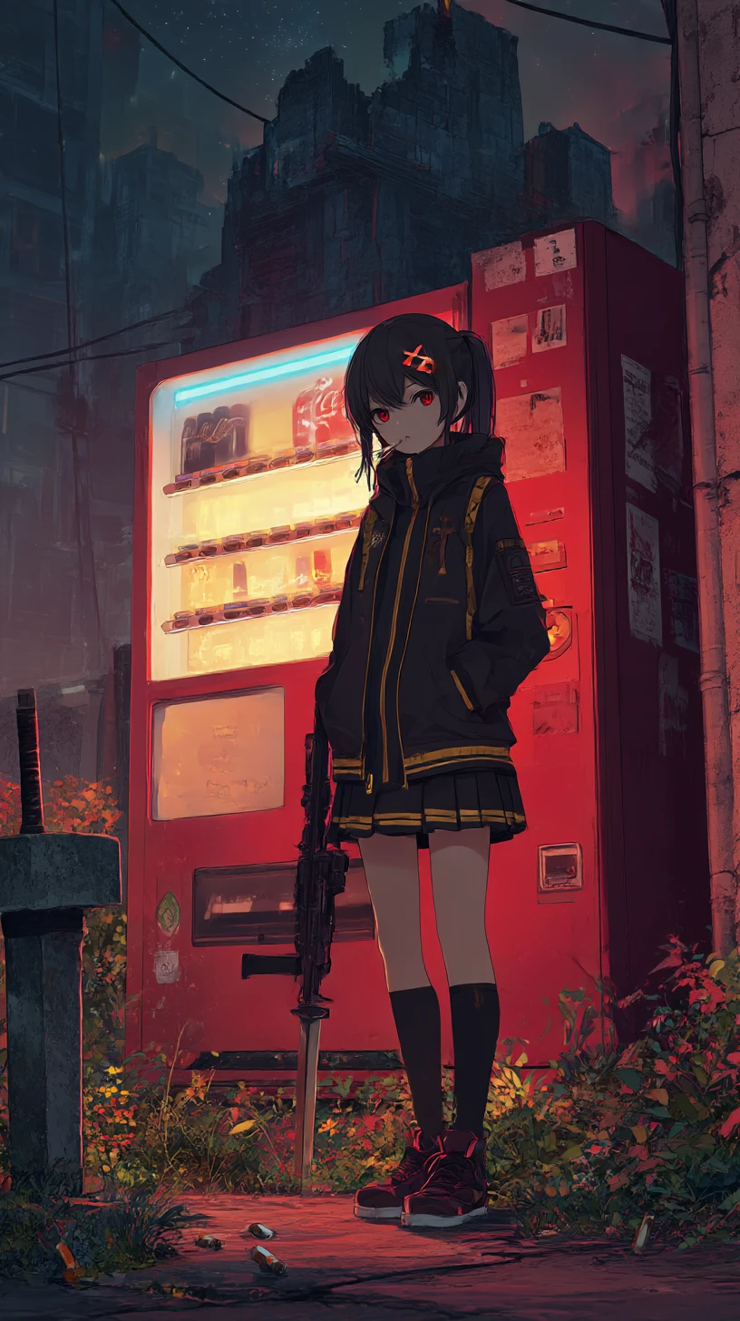 Chica de anime apuntando un rifle en una zona de guerra en llamas