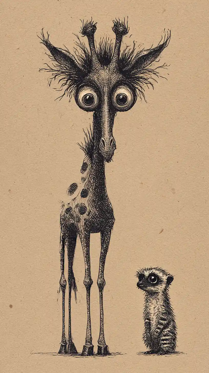 Giraffa e Suricato a Inchiostro Inquietante su Carta Invecchiata