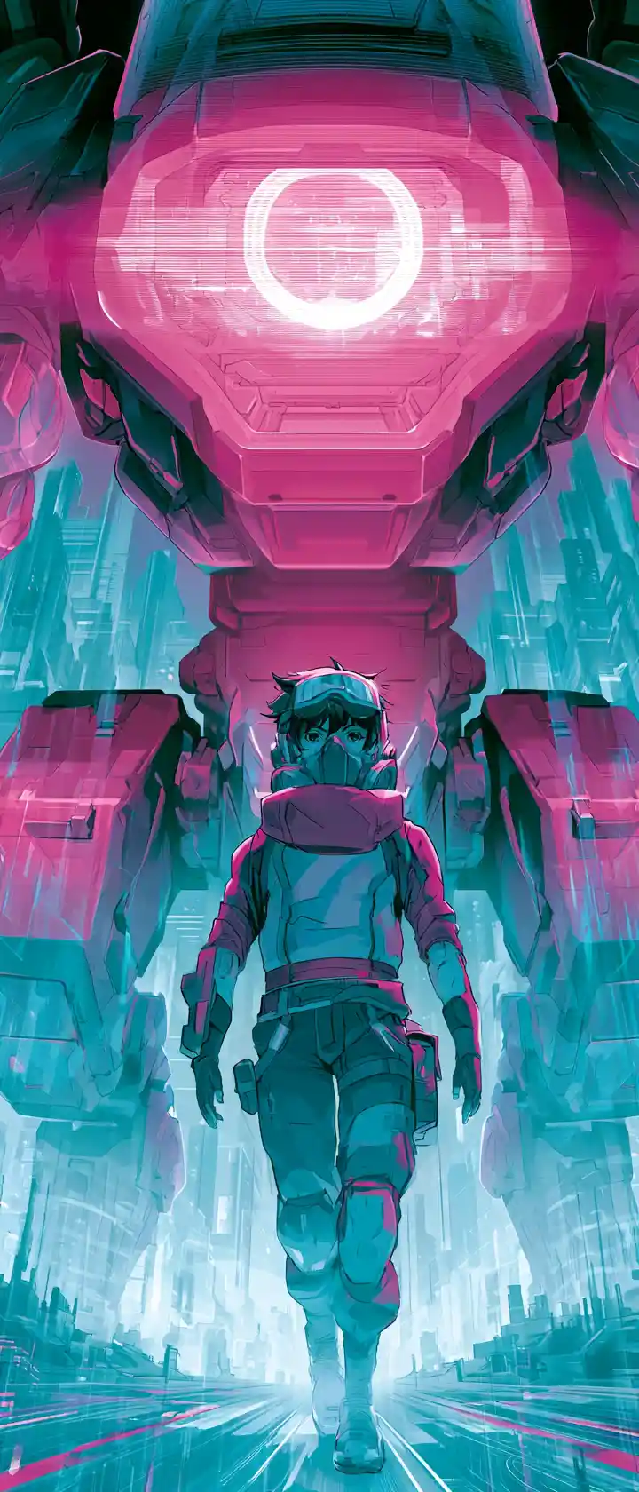 Cyberpunk-Anime-Pilot vor einem leuchtenden Mech in einer Neonstadt