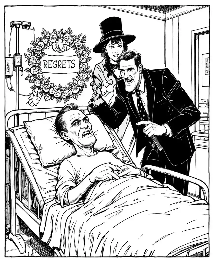 Satirical hospital cartoon of a sick patient and greedy visitors