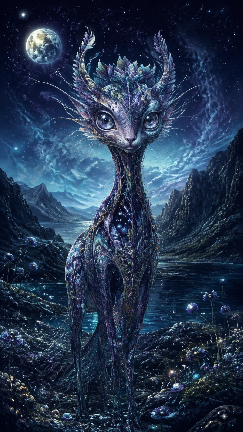 Creatura mistica in una vasta natura selvaggia surreale illuminata dalla luna