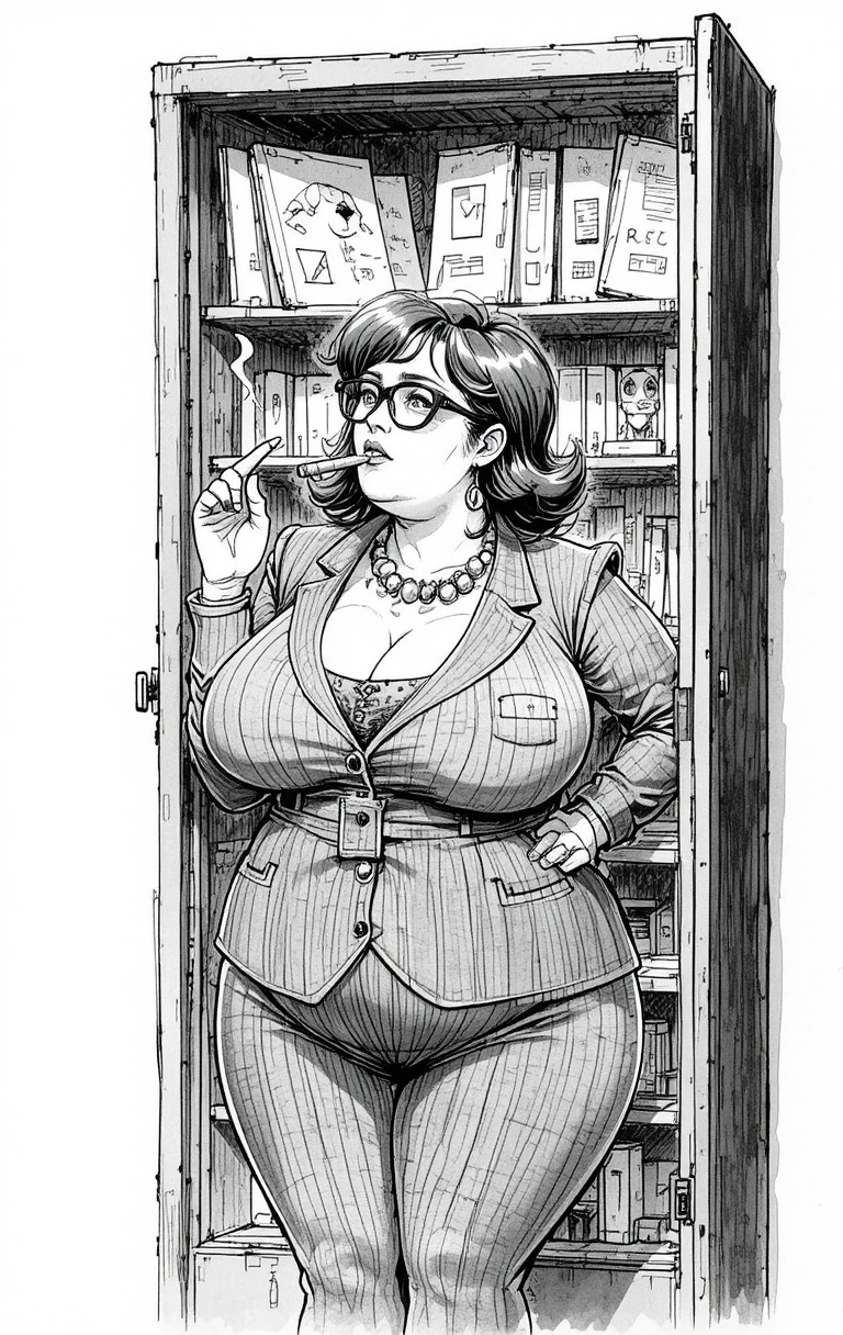 Cartoon-Geschäftsfrau am offenen Schrank mit überrascht dreinblickender Maus