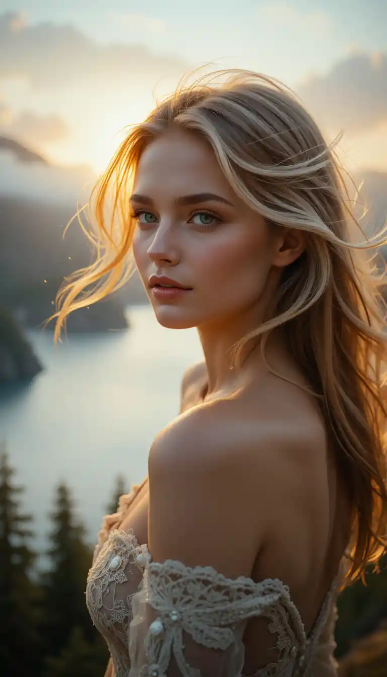 Retrato onírico de una mujer rubia al amanecer junto a un fiordo