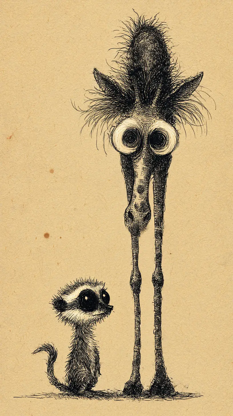 Eerie Ink Giraffe And Meerkat Staring On Aged Paper