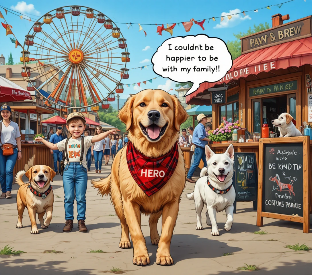 Golden Retriever mit Bandana auf einem fröhlichen Festival