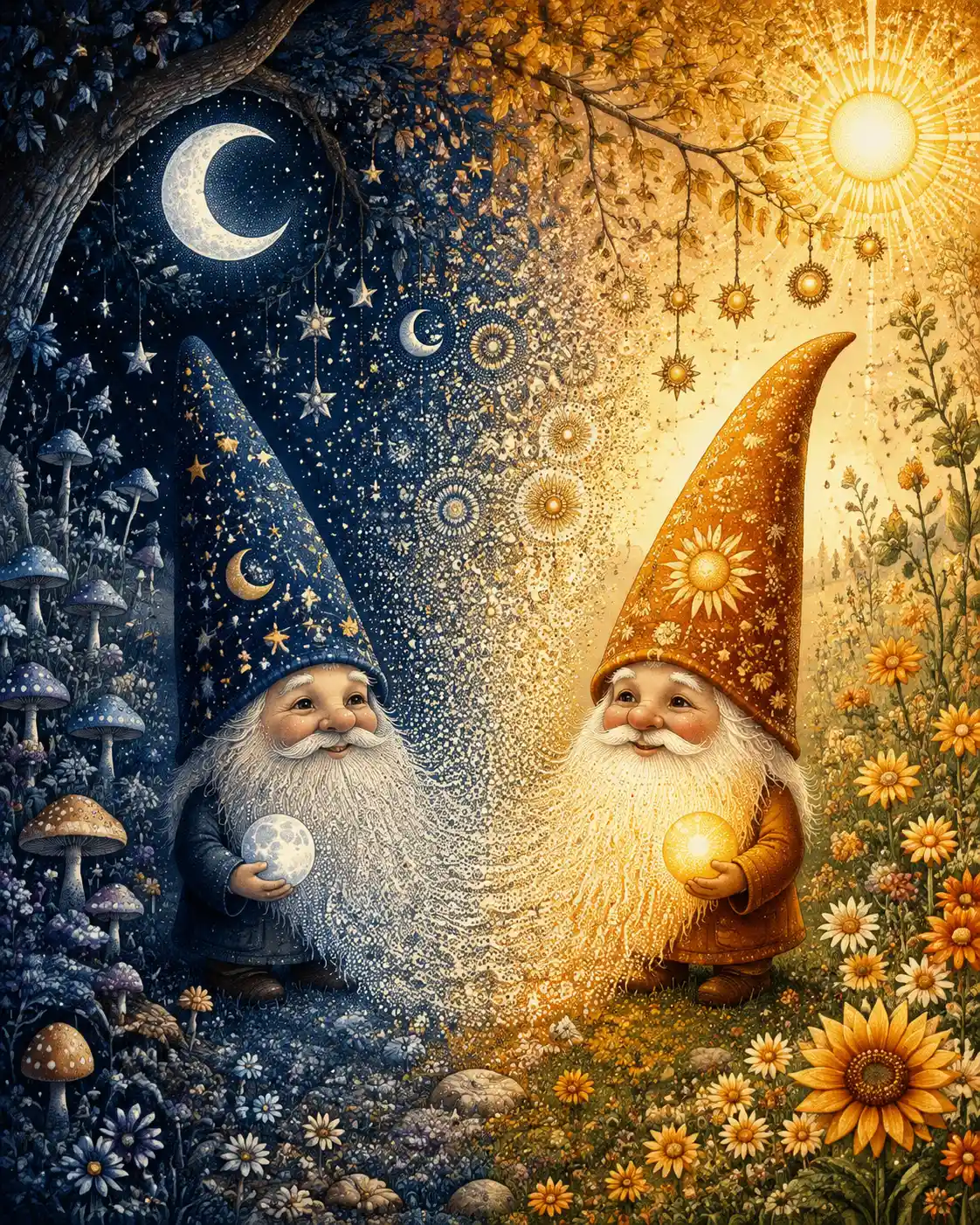 Moon and sun garden gnomes beneath a split fantasy sky