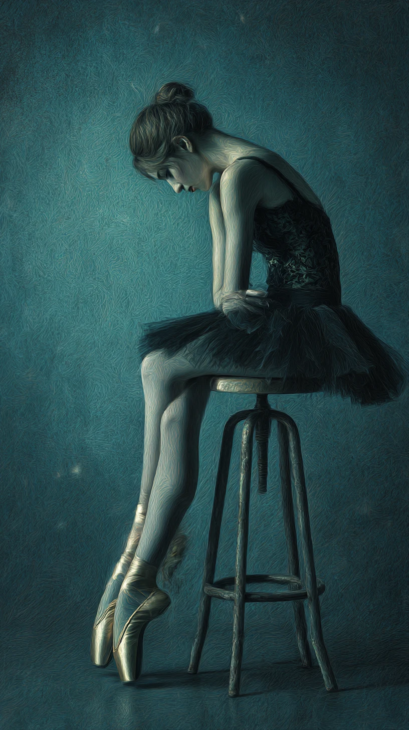 Bailarina pensativa con proporciones surrealistas sobre un fondo azul verdoso oscuro