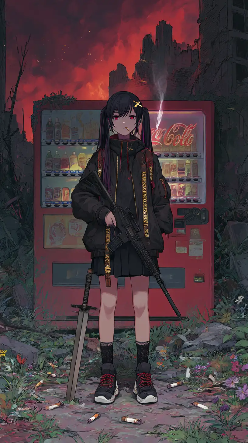Fille d’anime visant avec un fusil dans une zone de guerre en flammes