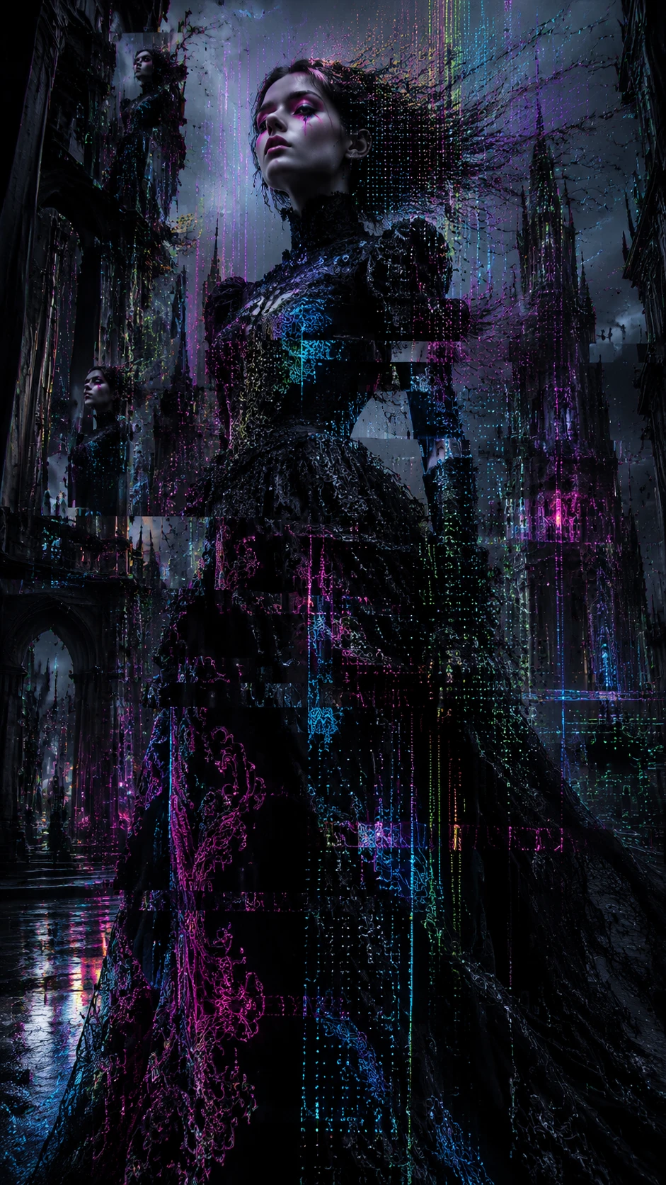 Mannequin dark fantasy dans une ville onirique néon en glitch