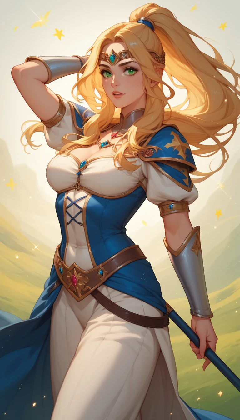 Guerrera de anime juguetona al atardecer dorado