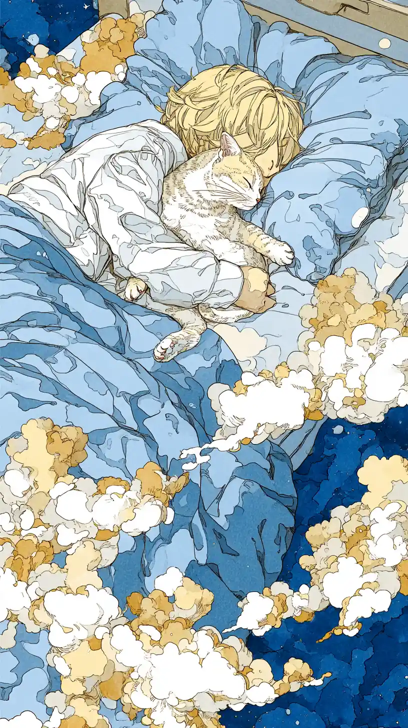 Girl And White Cat Awakening On A Soft Cloud Bed