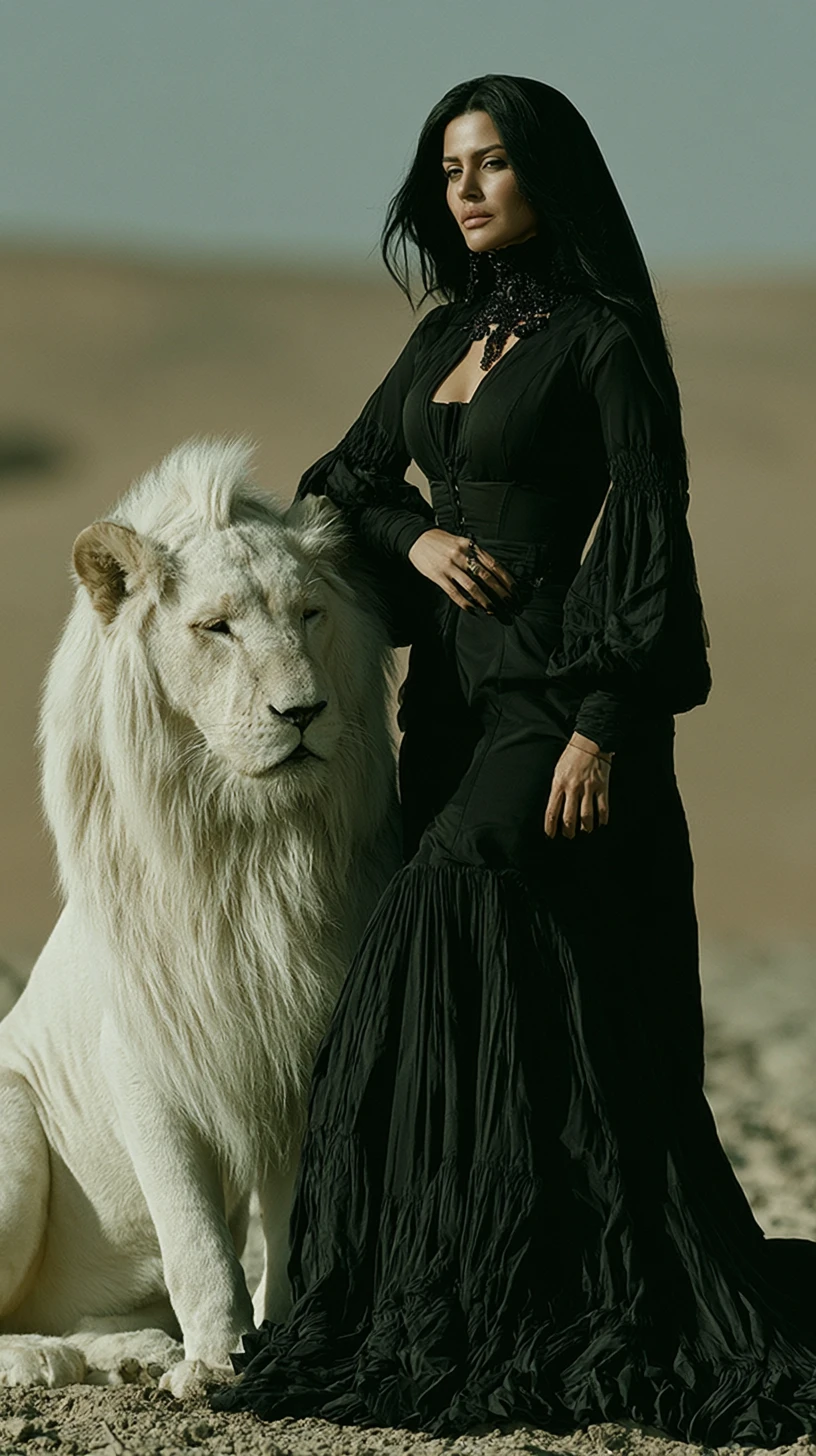 Stylish man in black beside white lion in desert