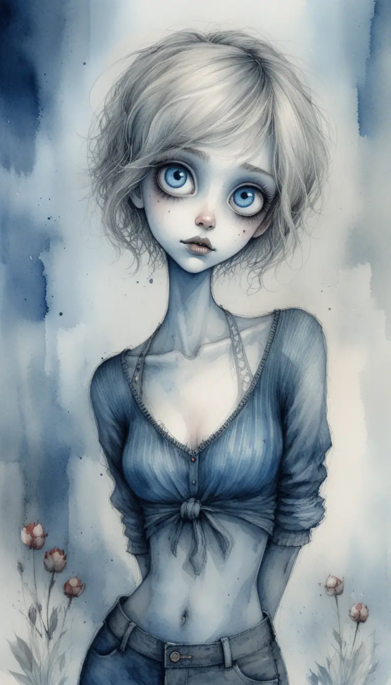 Gothic ink portrait of a nervous girl with huge pale eyes