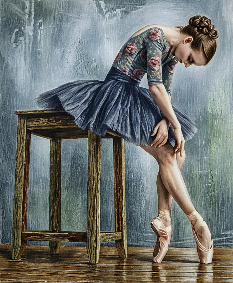 Thoughtful young ballerina resting on a worn wooden stool