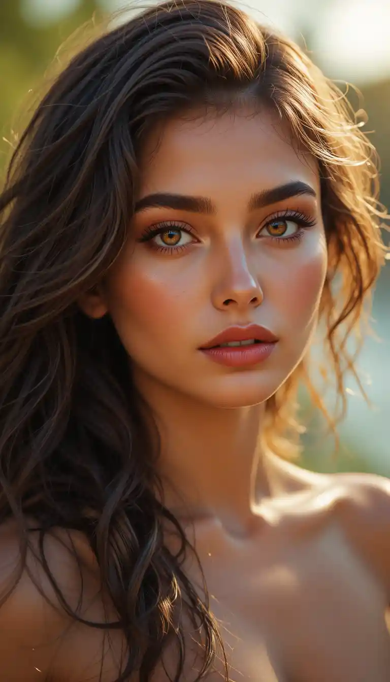 Retrato de mujer brasileña con cálida luz natural en exteriores