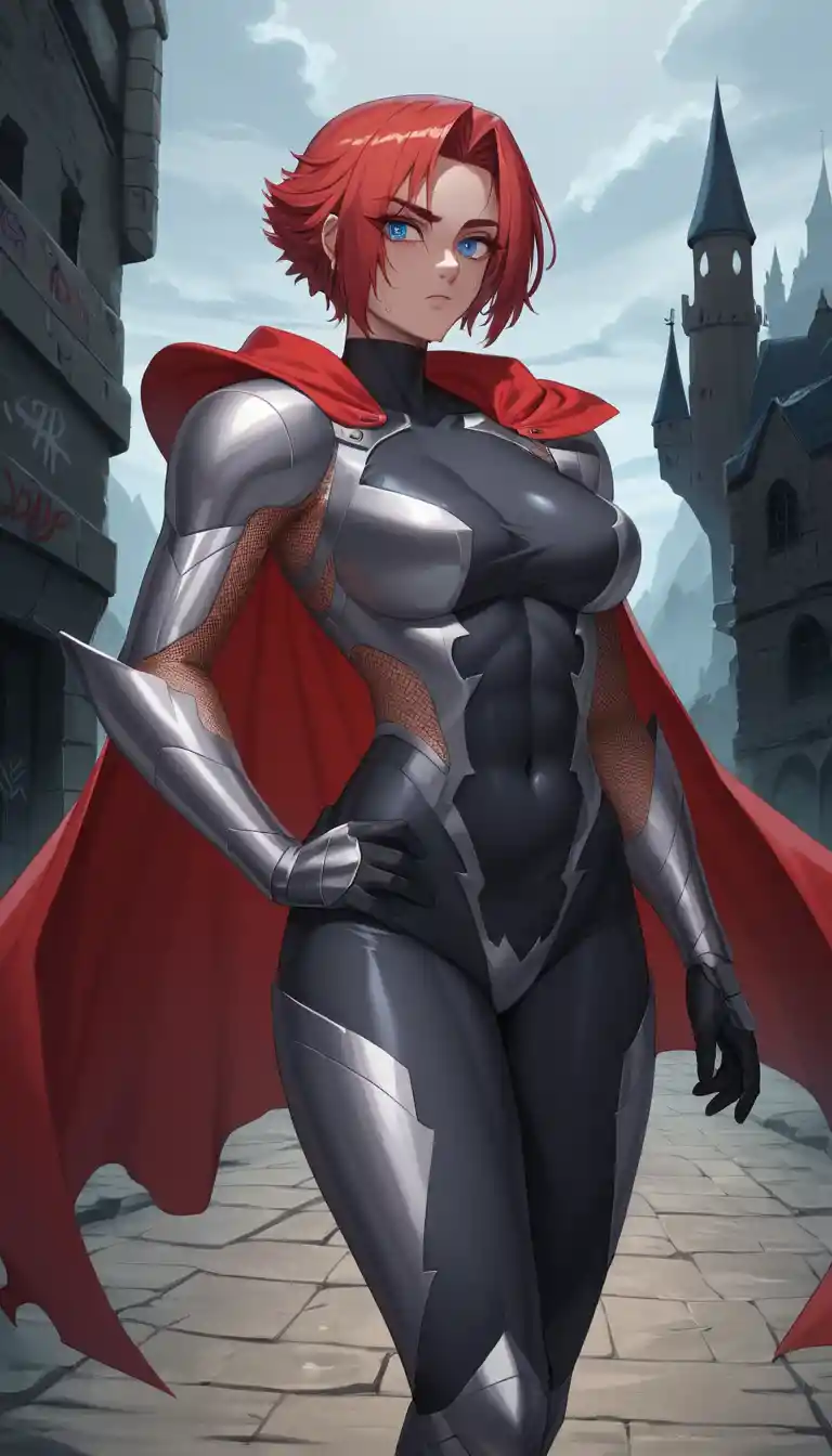 Red haired anime warrior woman before a dark castle
