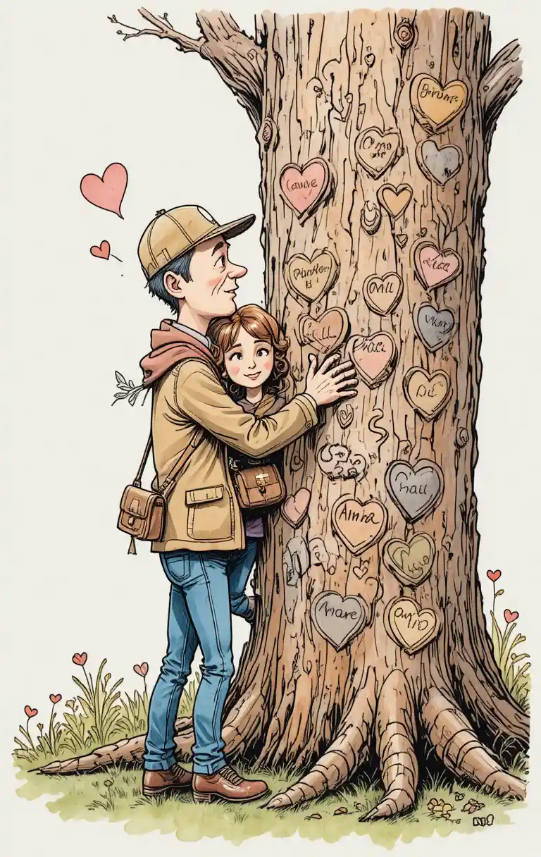 Cartoon couple carving hearts into a romantic tree