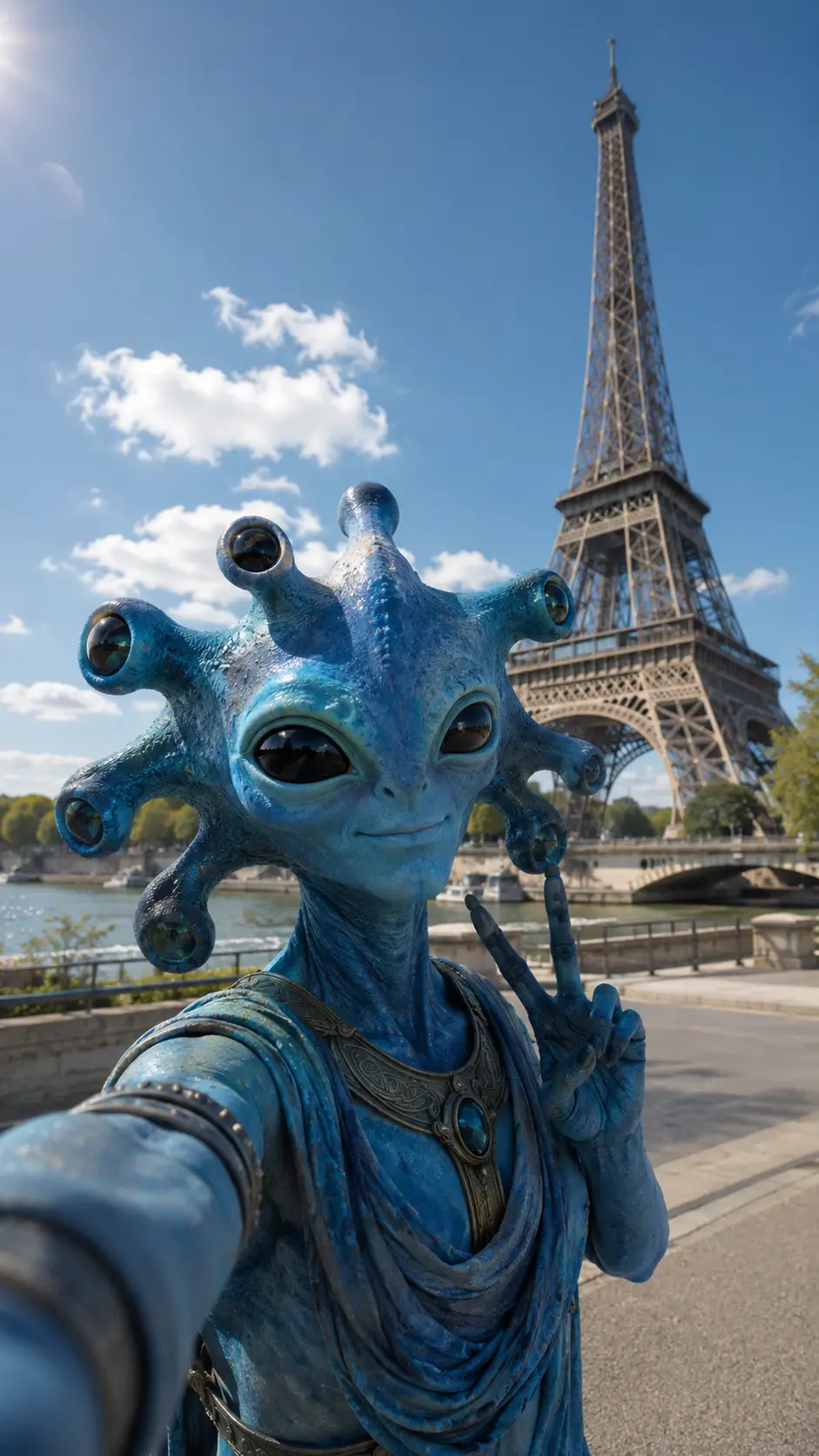 Alien azul tomándose una selfie frente a la Torre Eiffel