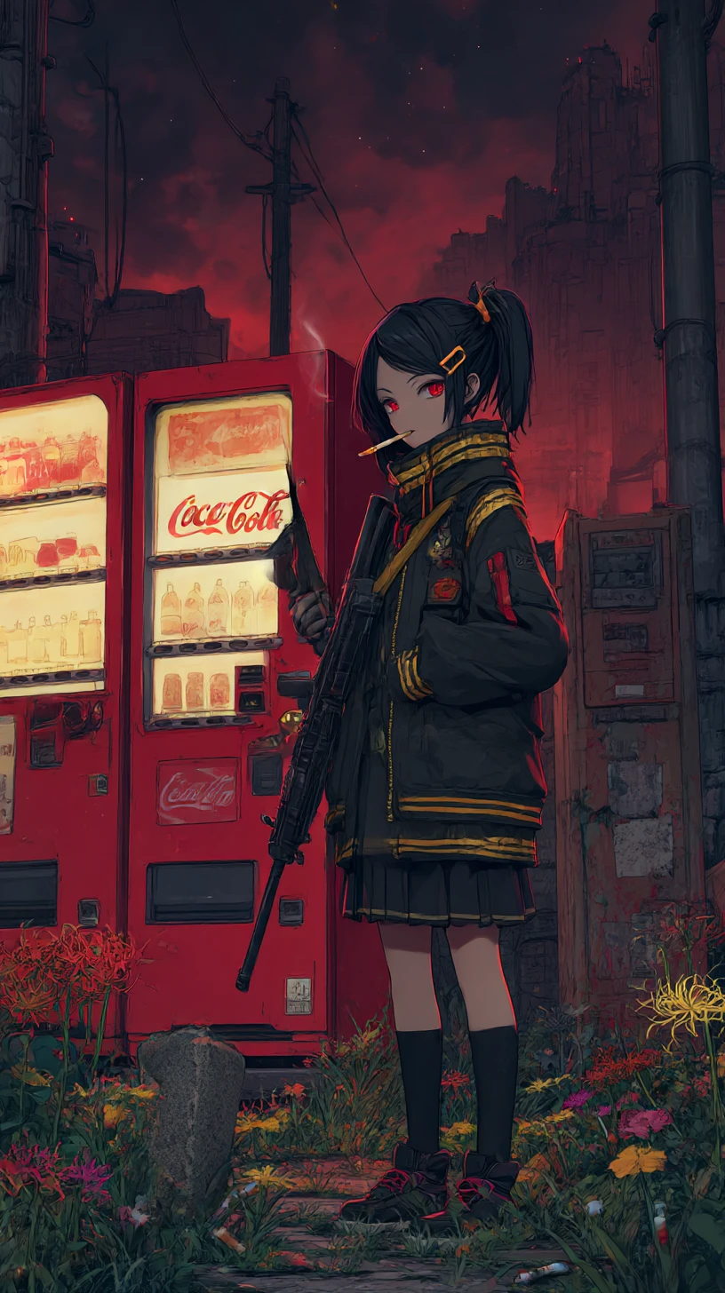 Chica de anime apuntando un rifle en una zona de guerra en ruinas