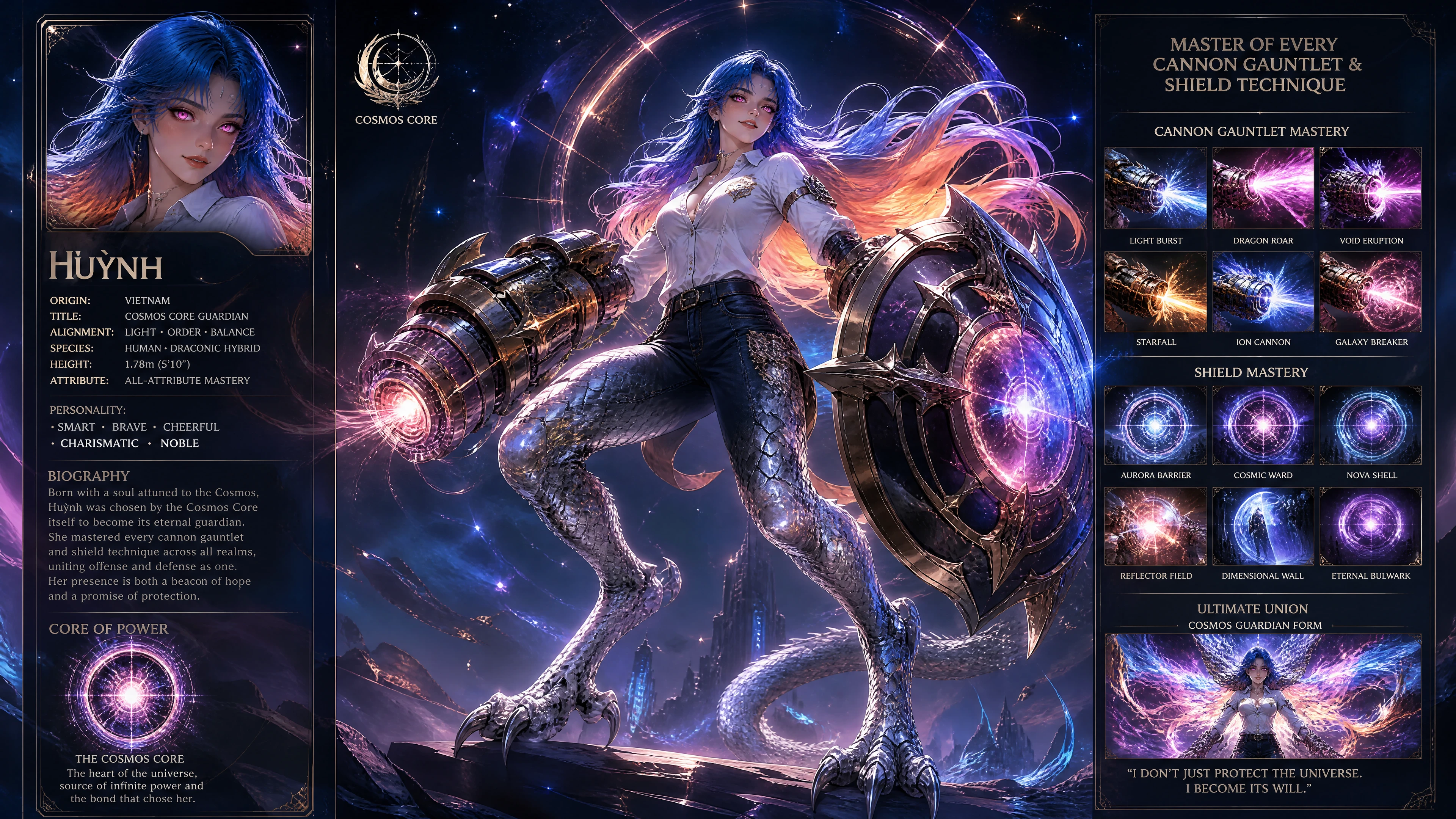 Cosmic guardian woman with dragon legs and flaming eyes