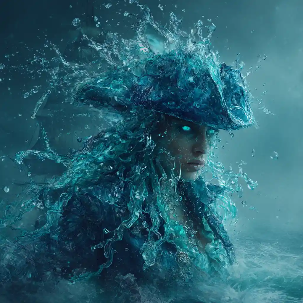 Mujer Pirata de Agua Turquesa Surgiendo del Mar Tempestuoso