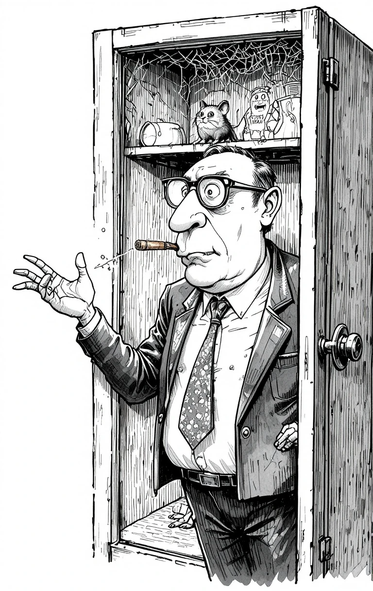 Humorous cartoon businessman at empty cobweb filled cabinet