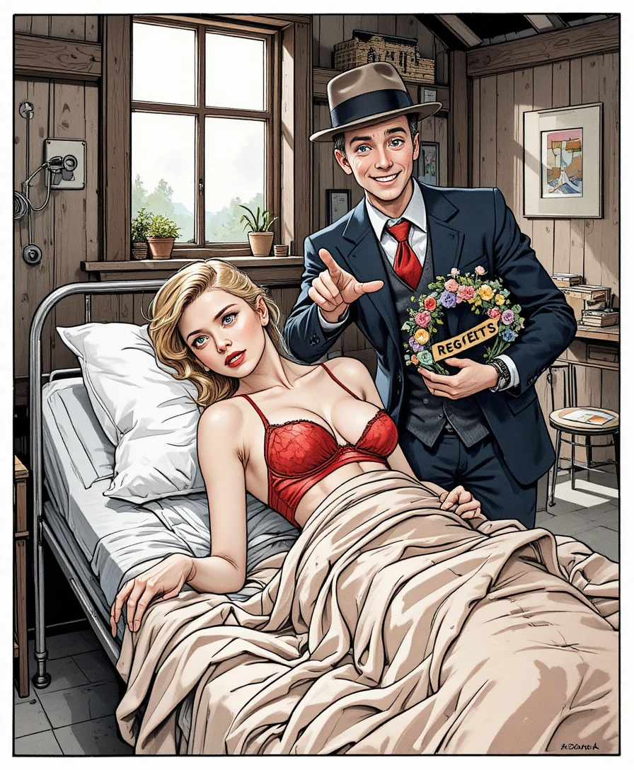Caricatura satírica de hospital con un hombre enfermo y visitantes