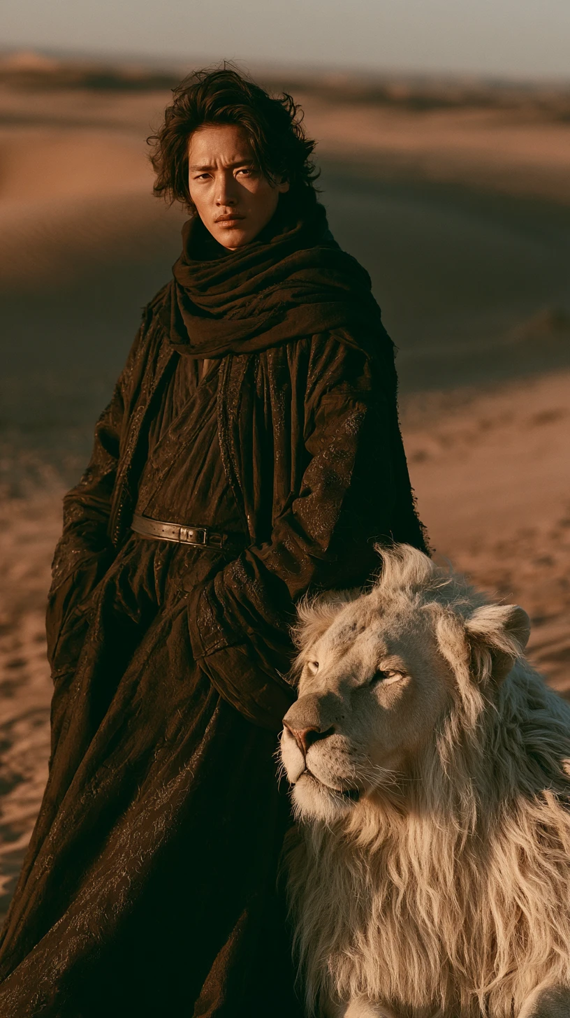 Hombre de negro con león blanco al atardecer en el desierto