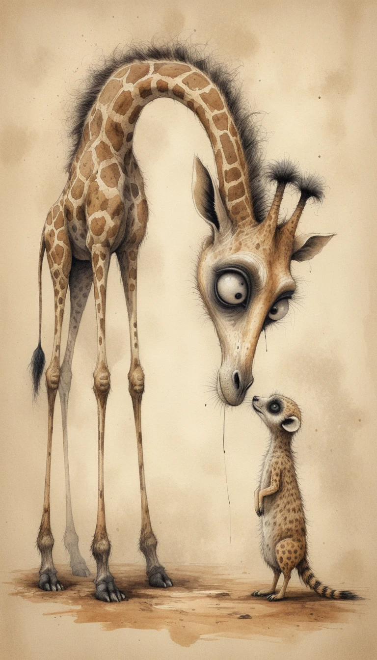 Eerie ink giraffe and meerkat staring on aged paper