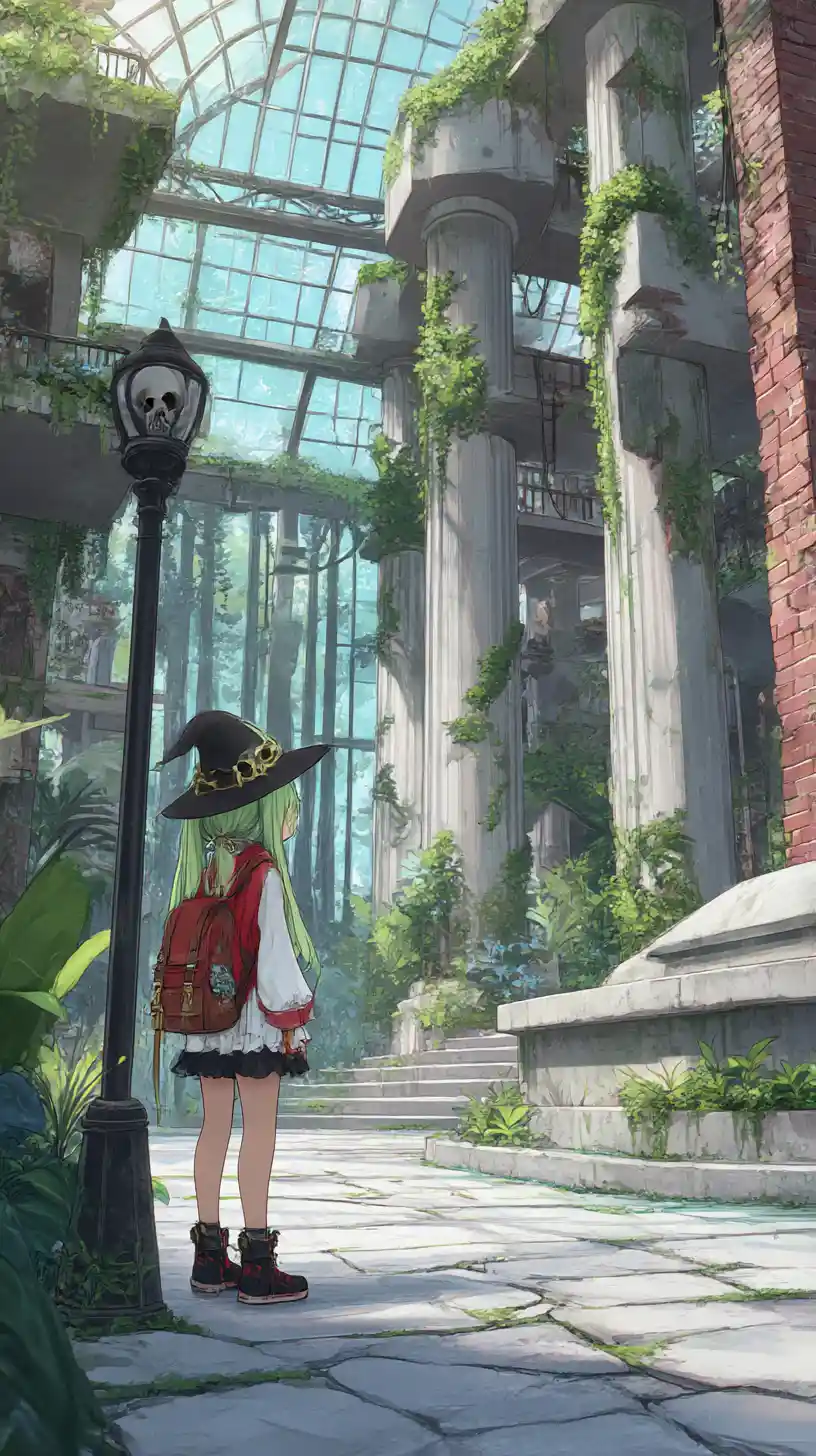 Chica de anime en un invernadero frondoso con plantas exóticas