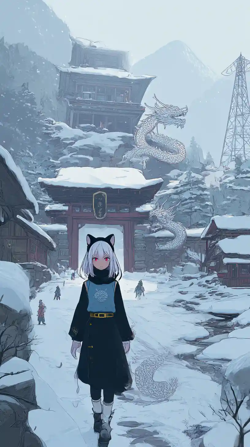 Chica de anime caminando por un pueblo nevado hacia una gran mansión