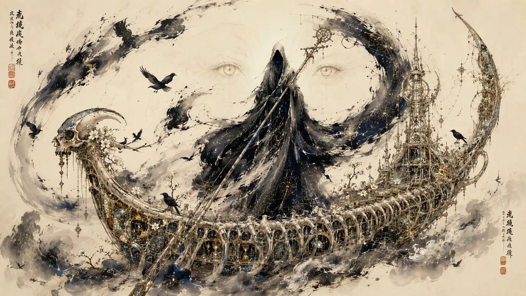 Elegant ink psychopomp forming from six sweeping brushstrokes