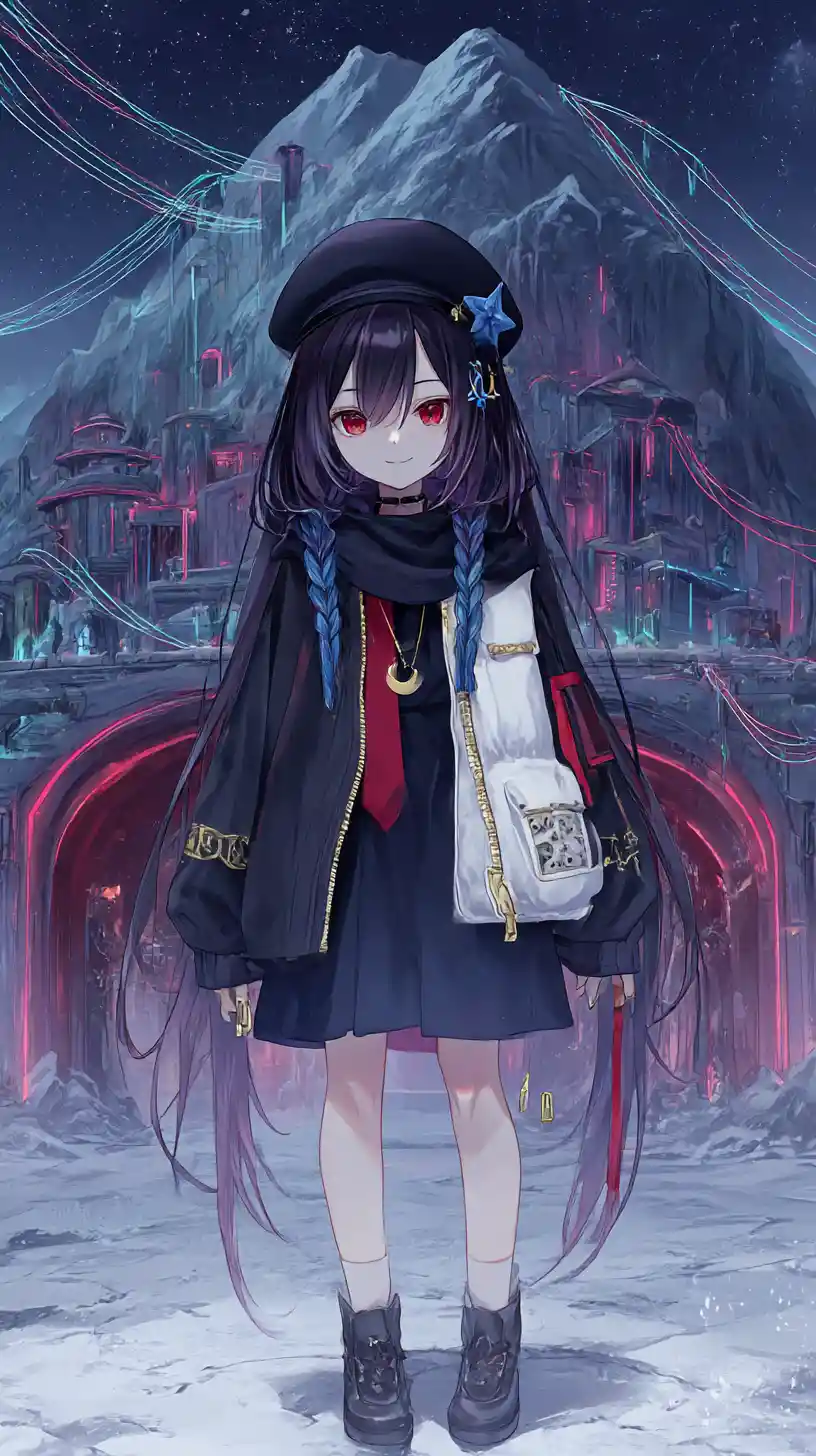 Ragazza anime con aura oscura in giacca legata da corde elaborate