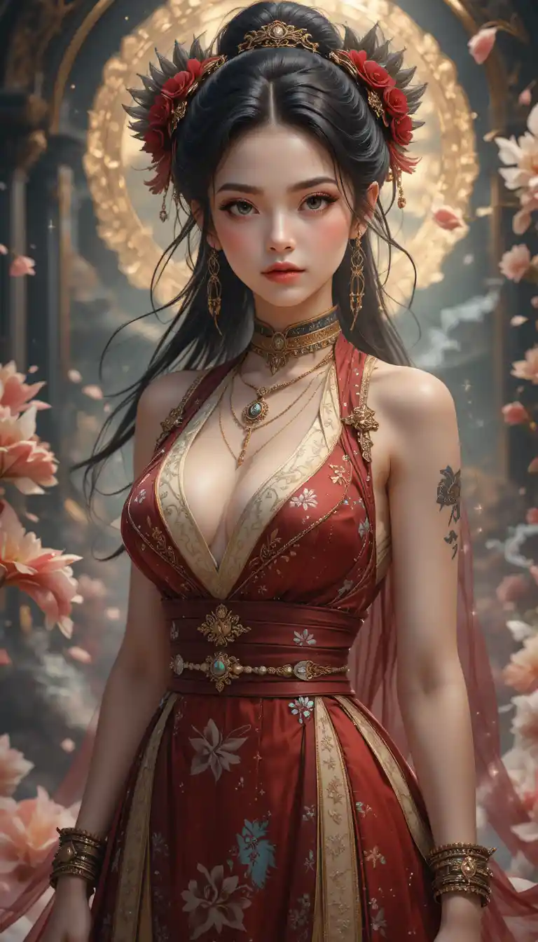 Anime pandawa woman in traditional red and cream outfit