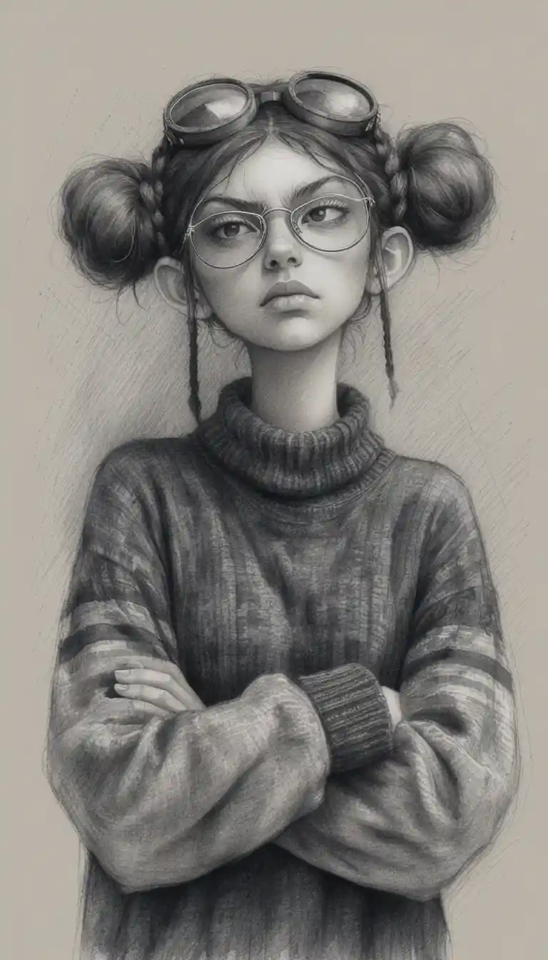 Chica melancólica con gafas en retrato a lápiz en blanco y negro