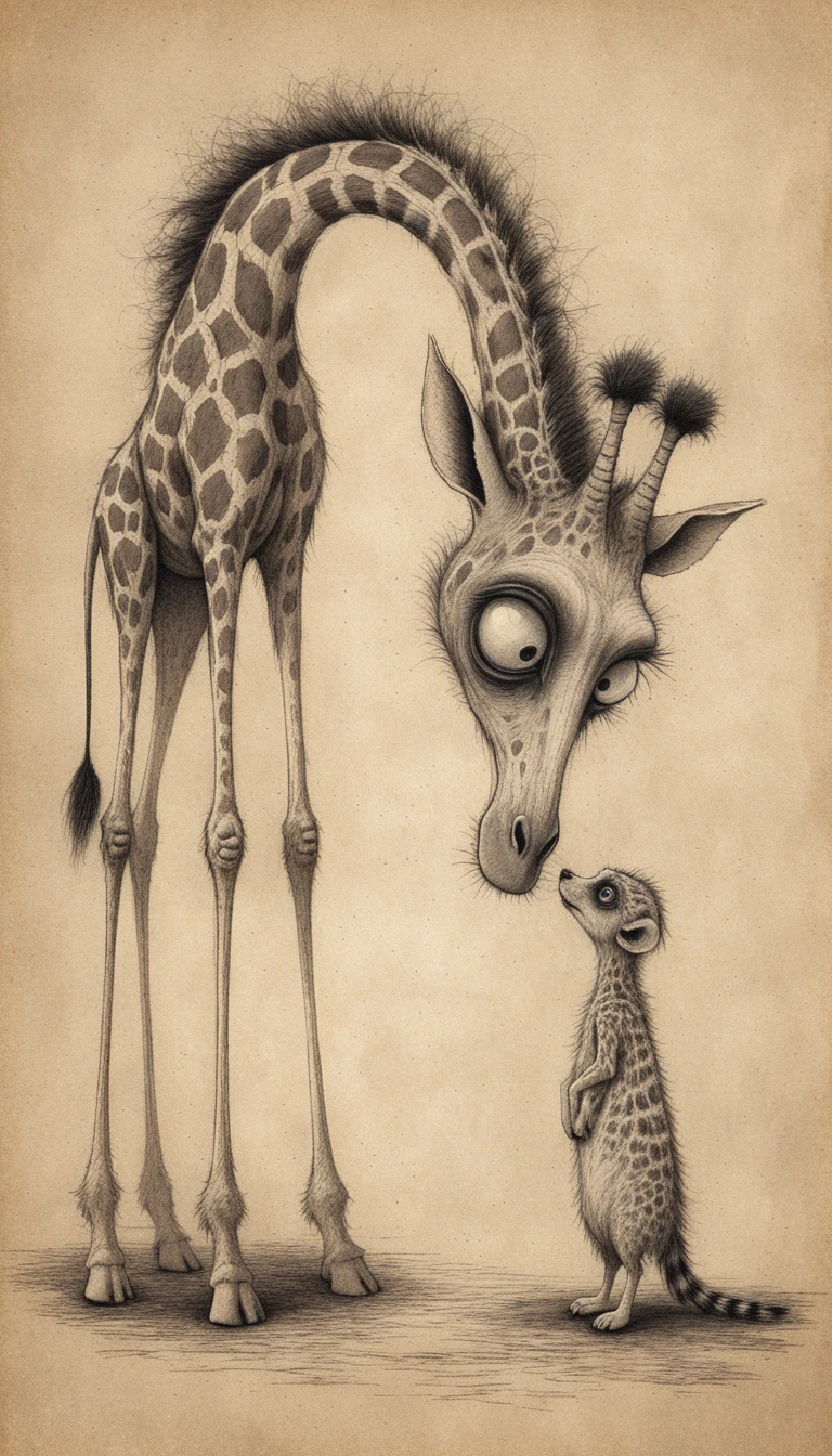 Eerie Ink Giraffe And Meerkat On Aged Paper